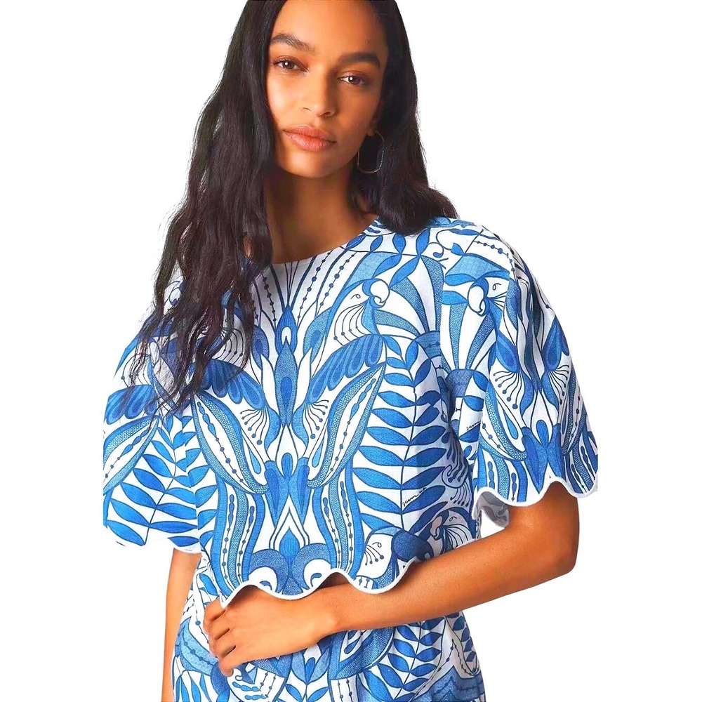 Farm Rio Lace Nature Blouse Blue Scalloped Linen Crop Top S NWT - Picture 6 of 16